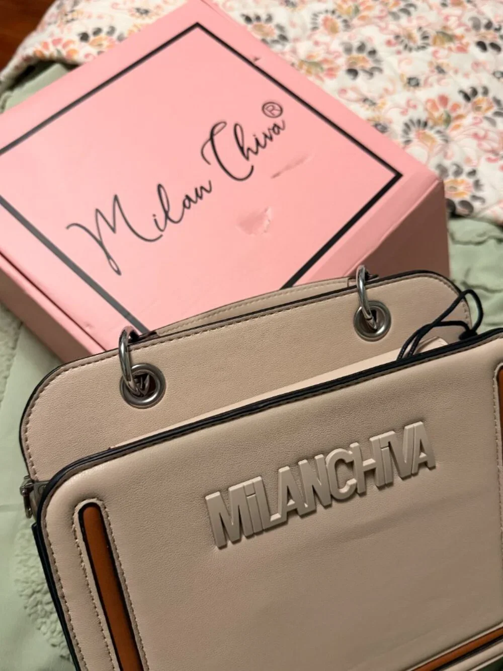 Milanchiva Women's Box Crossbody Camera Bag — Beige with Brown Trim